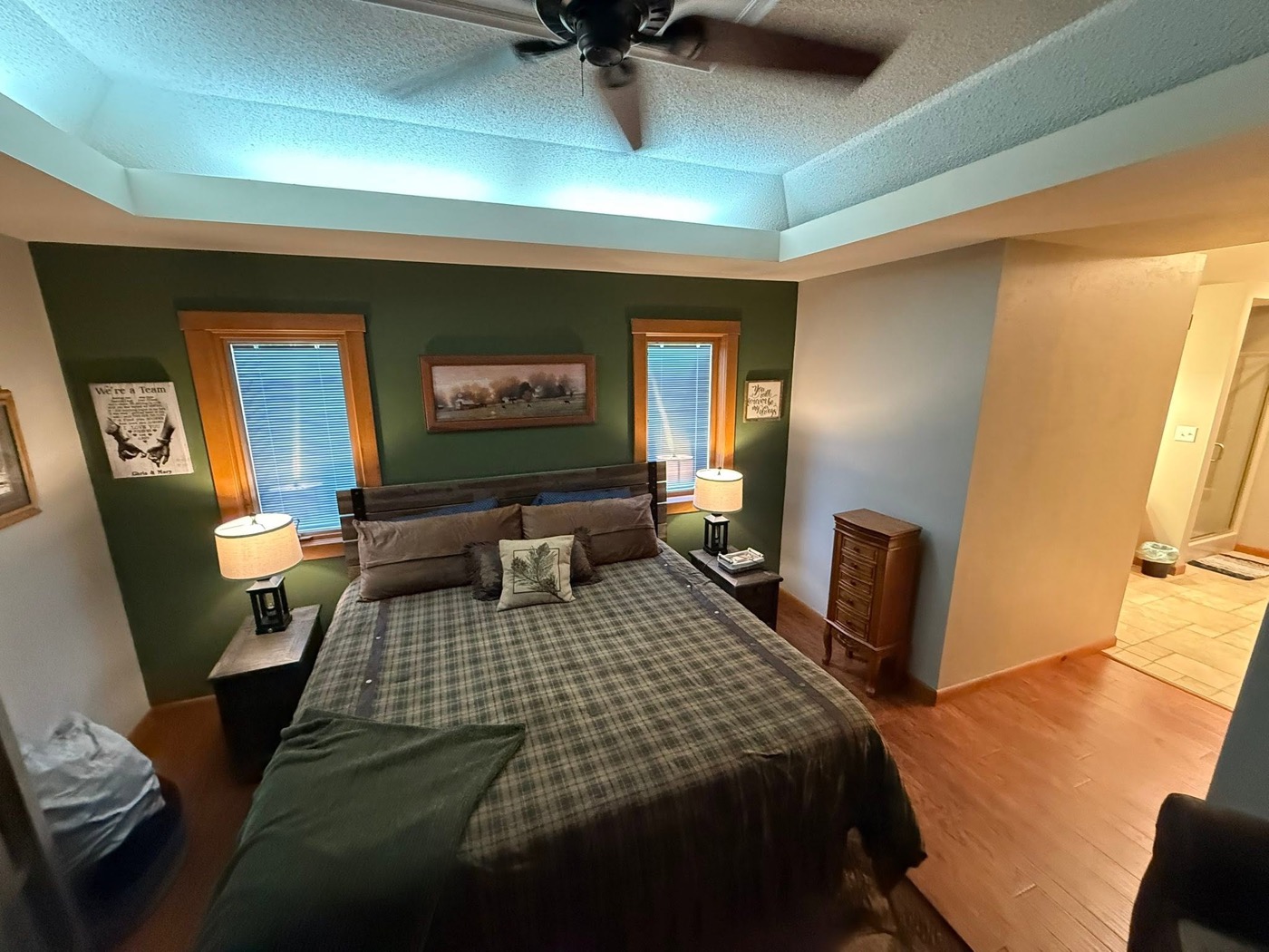 Master bedroom green accent wall, second angle